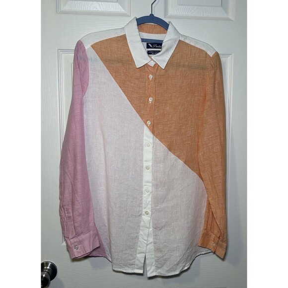 Poeta Shirt Mens XL Colorblock Pink Orange White 100% Linen Button Front NWOT - Picture 2 of 8